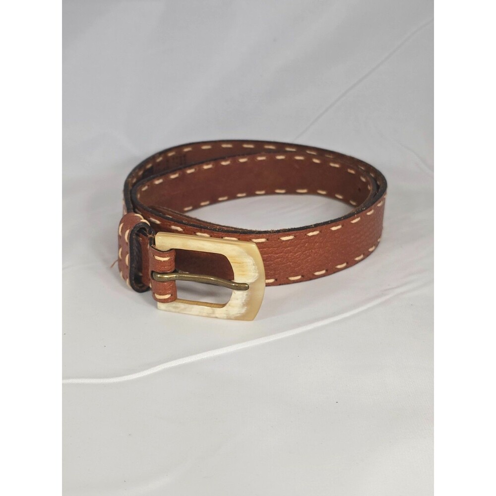 Vintage GAP Brown Pebbled Leather Belt Carved Horn Bone Buckle Size Medium /38in